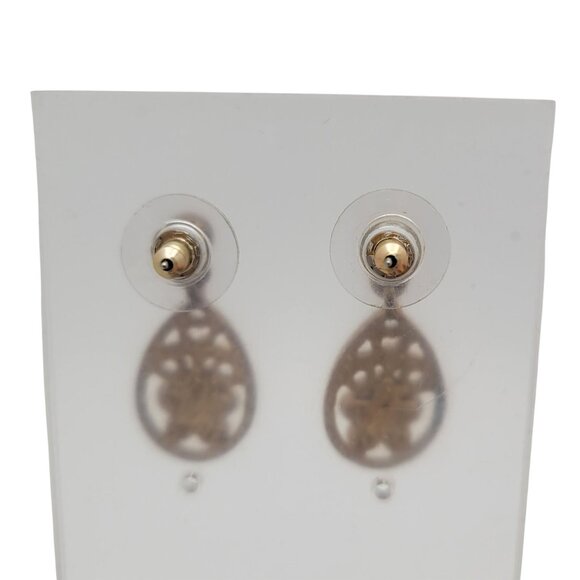 Vintage Womens Gold Toned Floral Rhinestone Tear Drop Dangle Pierced Earrings - Picture 6 of 9